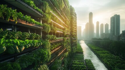 Futuristic urban farms managed by AI for sustainable agriculture: A large vertical farm in a city, entirely operated by AI systems.