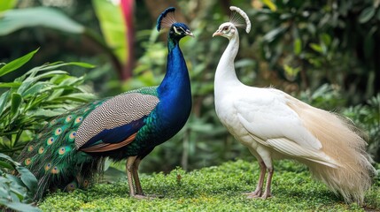 A peacock and a white peafowl standing side by side in a garden, showcasing their contrasting but equally beautiful plumage.