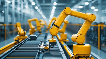Fototapeta premium An industrial plant with AI-controlled robotic arms assembling machinery on a sleek production line