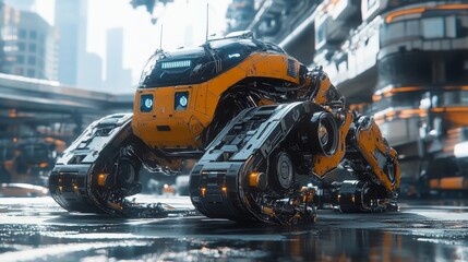 Fototapeta premium Futuristic AI-driven autonomous repair systems for city infrastructure: Robots using AI to repair roads, bridges, and utilities without human intervention.