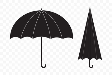 Umbrella icon set. Umbrella vector, silhouette, Open and close umbrella icon. Protection parasol symbol from rain and sunrays. Vector illustration. © Vector Vista