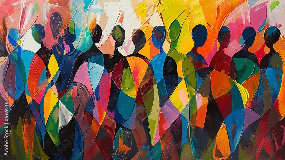 Poster an expressive abstract painting featuring a multitude of indistinct figures in a spectrum of colors.