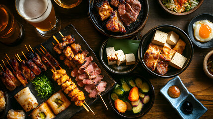 A high-angle shot of a Japanese izakaya table filled with small dishes of grilled meats, tofu, pickles, and a glass of cold beer in the corner of the frame