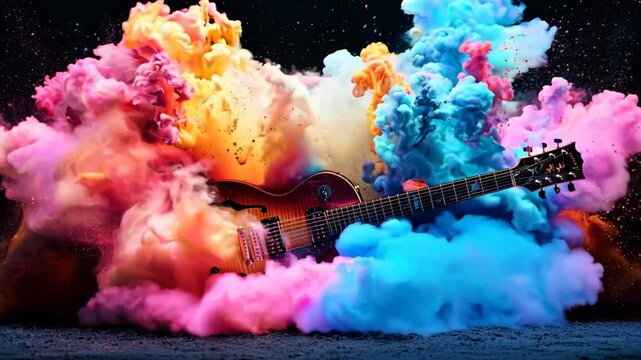 A guitar is shown in a colorful explosion of smoke and fire. The guitar is surrounded by a lot of colorful smoke and fire, giving the impression of a powerful and energetic performance