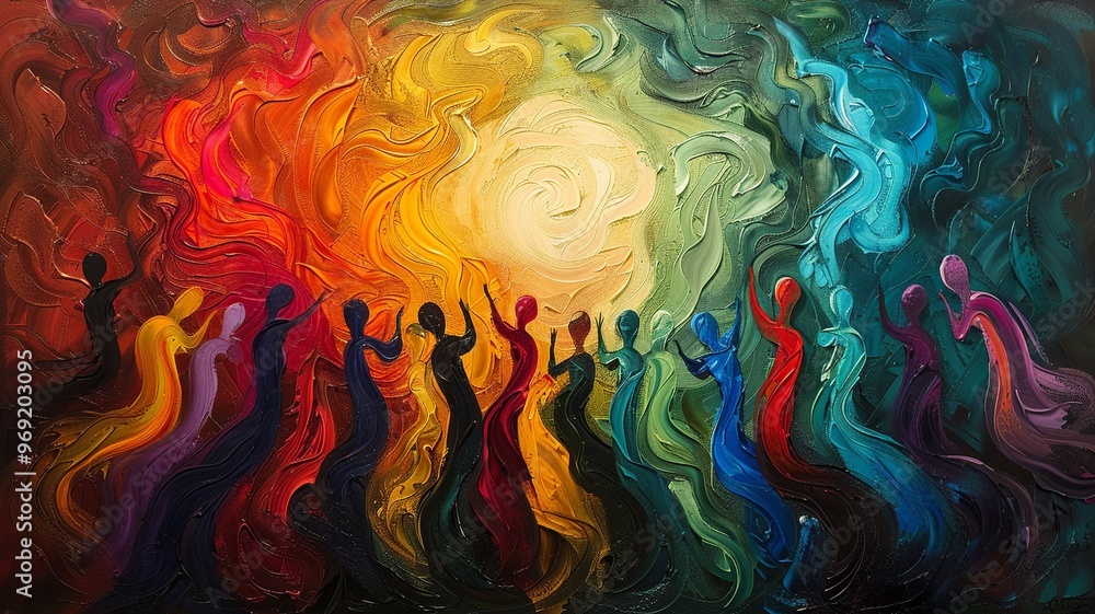 Poster an expressive abstract painting featuring a multitude of indistinct figures in a spectrum of colors.
