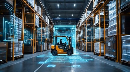 A forklift operates in a high-tech warehouse, surrounded by digital holograms and data overlays, symbolizing automation, logistics, and smart technology in modern supply chains.