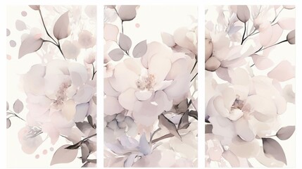 3-Panel Wall Art Set Featuring Simple Floral Watercolor in Blush Pink and Grey Color Palette, Isolated on White Background.  