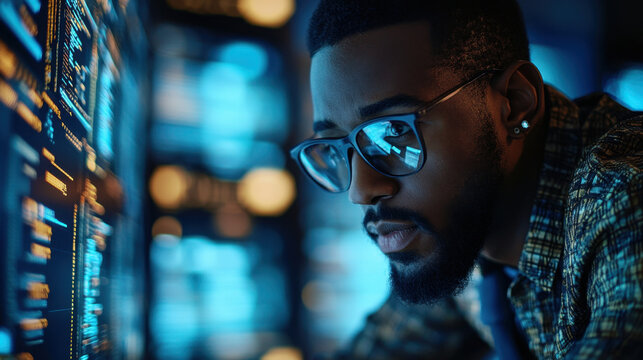 AI Cybersecurity Analyst,  A Black male IT specialist reviews data on cybersecurity threats and privacy leaks using augmented reality technology for effective analysis