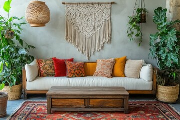 Cozy living space with a sofa, decorative pillows, and plants.