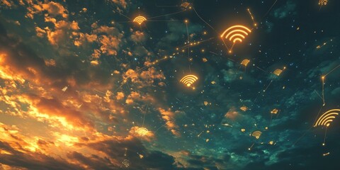 Golden wifi symbols in a starry sky.