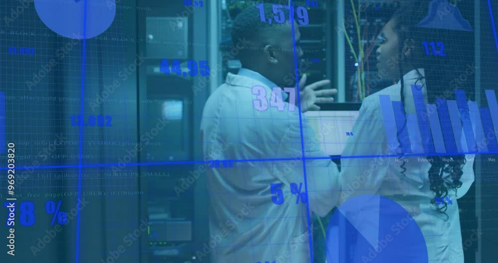 Poster animation of diagrams and data processing over biracial workers in server room