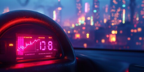 Close-up of an electric vehicle dashboard displaying zero emissions with a blurred cityscape in the background, featuring white and magenta colors