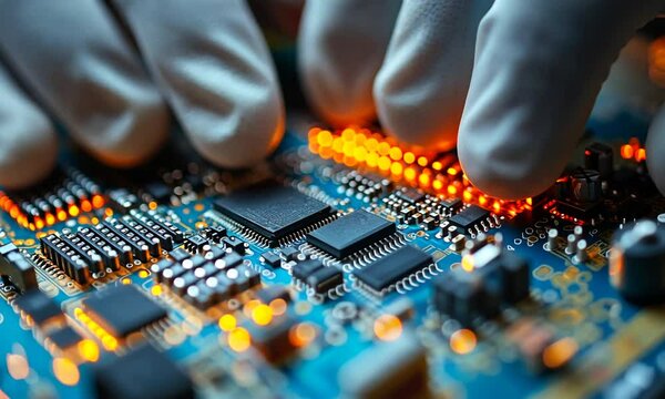 Close-up of a Circuit Board with Glowing LEDs