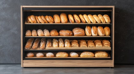 Welcoming 3D Bakery Display Case with Freshly Baked Bread and Pastries, Warm Bakery Atmosphere Concept, Copy Space for Text