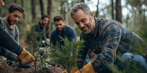 A diverse group of men planting trees in a park, engaged in community action for environmental conservation