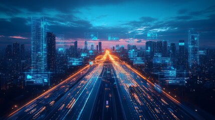 Fototapeta premium Futuristic AI-driven city monitoring systems for real-time updates: An AI-controlled city center with real-time traffic, energy, and environmental data displayed on large screens.