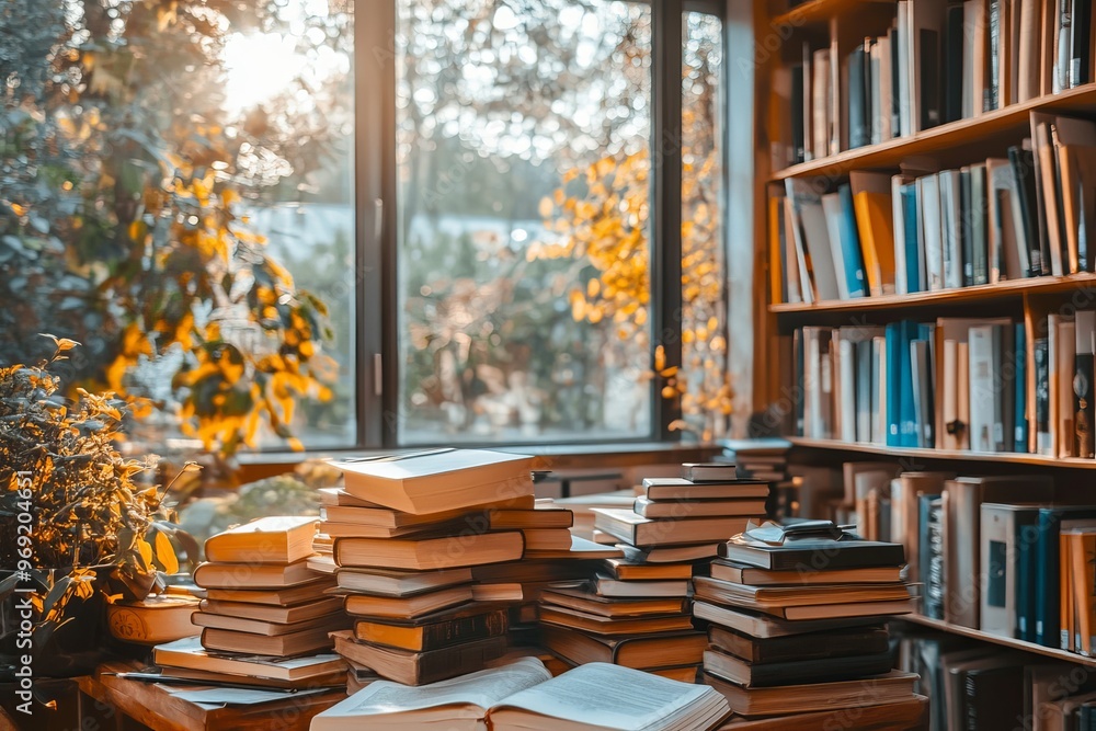 Poster a stack of books by a window in a library
