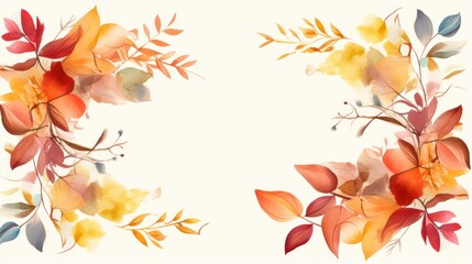 Obraz premium Autumn leaves frame on warm watercolor background. Elegant design for invitations and greetings cards with space for text. Copy space