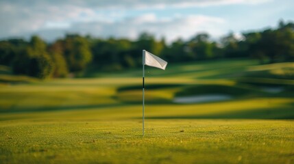 Golf course with flagstick in focus on a sunny day landscape background