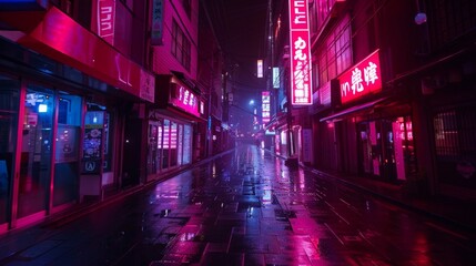 Fototapeta premium A cyberpunk city street at night, glowing with neon lights after rain. Buildings, Japanese characters in neon, and a solitary figure in a red helmet create a mysterious, futuristic ambiance.