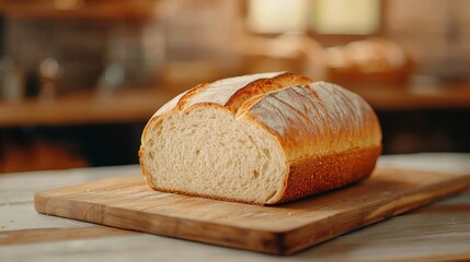 Artisanal Bakery Scene: Slicing Warm Loaf of Bread in Natural Light.