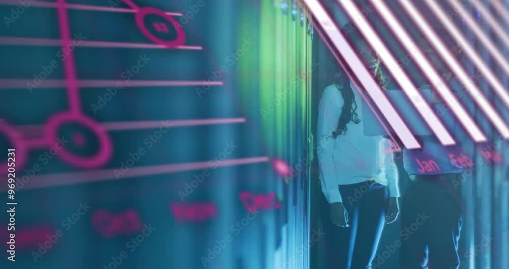 Poster animation of diagrams and data processing over biracial workers in server room