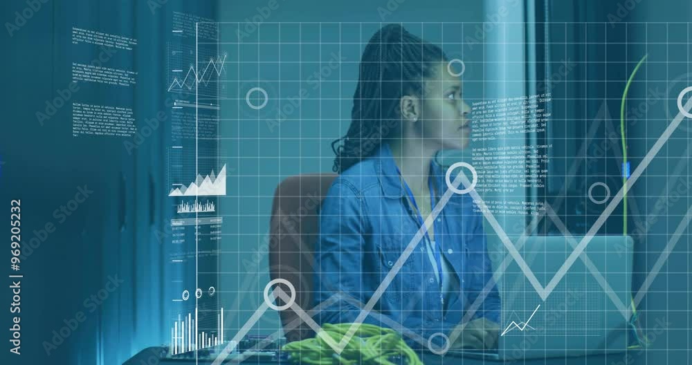 Poster animation of diagrams and data processing over biracial female worker in server room
