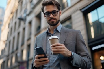 Confident young businessman using cell phone and drinking coffee in the city with generative ai
