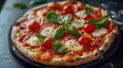 An Italian vegetarian pizza with thick crust, sauce, cheese, tomatoes, and basil on a black stone plate. Carefully presented for a visually appealing and fresh dish.