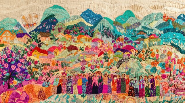 Vibrant Hmong Paj Ntaub story cloth embroidery