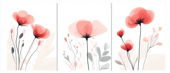 Obraz premium Abstract Floral Art Featuring Pink and Red Flowers on a White Background. Minimalist Vector Illustration with Simple Lines and Shapes, Presented as a Triptych.