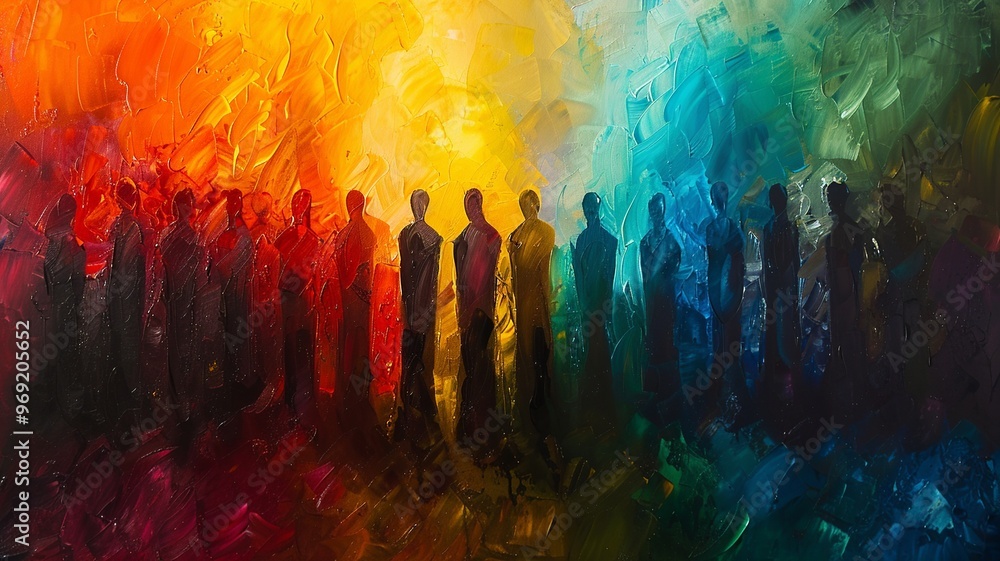 Poster an expressive abstract painting featuring a multitude of indistinct figures in a spectrum of colors.