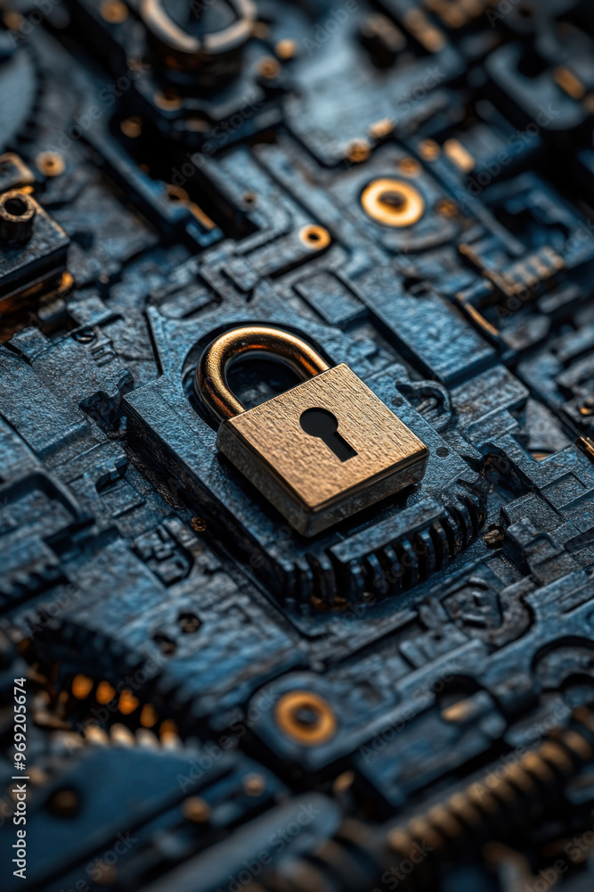 Poster website security, digital gears combined with a padlock symbol, showcasing the importance of optimiz