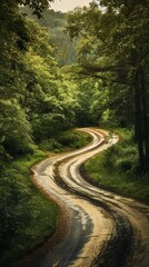 Obraz premium A winding dirt road through a green forest, marked by tire tracks and sunlight. Tranquil, inviting, and enchanting, evoking a connection with nature and a sense of peaceful escape.