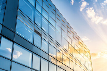 A modern office building with sleek glass reflecting sunset