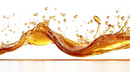 Dynamic Splash of Golden Liquid in Motion with Bubbles on a White Background