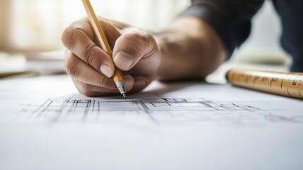 Naklejka premium Closeup of an architect s hand drawing a new building design on tracing paper, creative process, planning