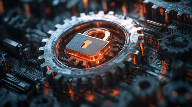 Website Security,  Digital gears combined with a padlock symbol, showcasing the importance of optimizing website safety and enhancing cybersecurity measures