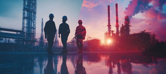 Workers silhouetted against an industrial backdrop.