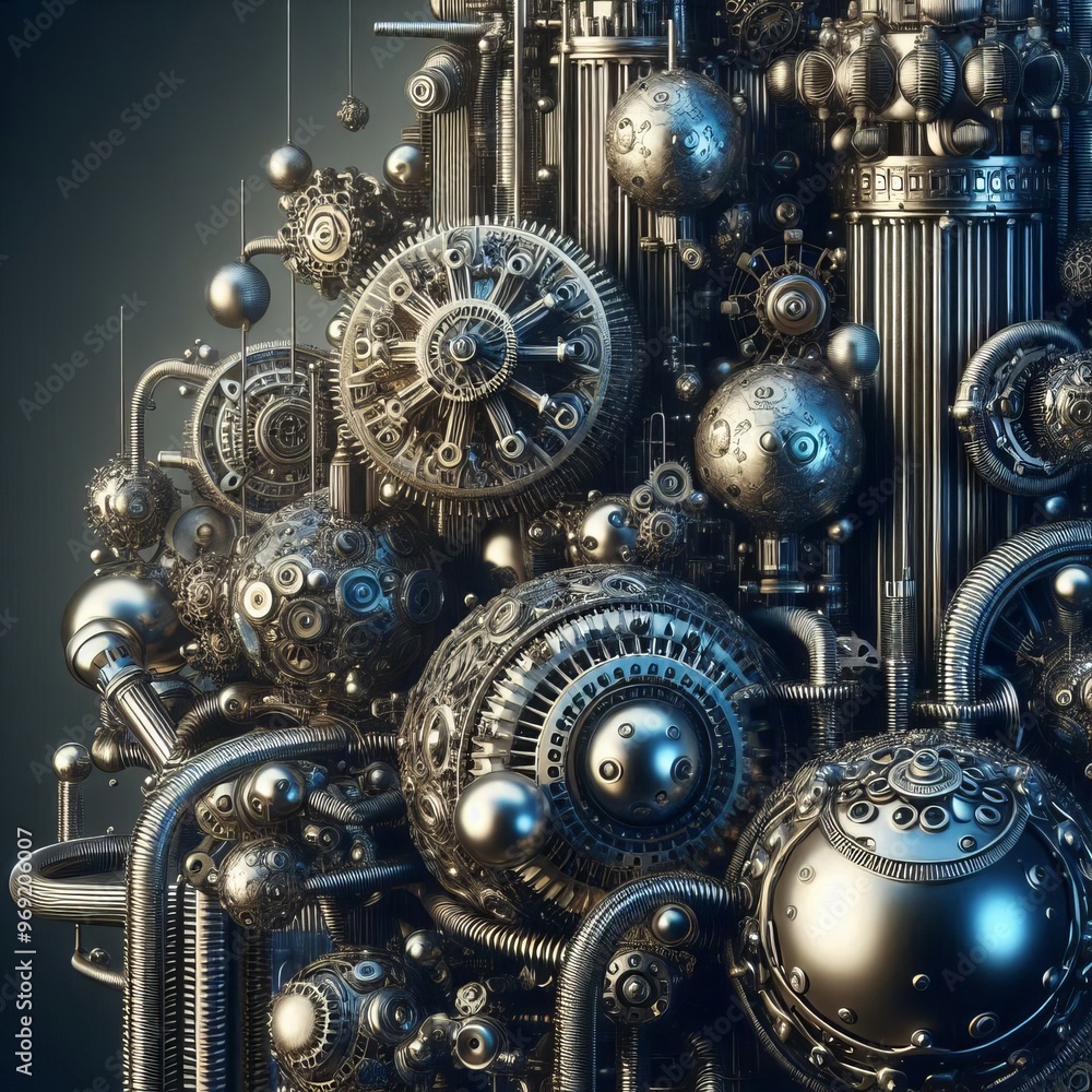Poster intricate steampunk machinery featuring an array of interconnected gears, pipes, and metallic sphere