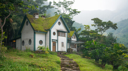 Obraz premium A quaint, white house with a green roof sits among a lush, green forest. The house has multiple stories and features round windows. There's a stone path leading up to the front door.