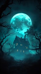 Fototapeta premium Mystical Halloween night bats ghostly figures under glowing moon wallpaper