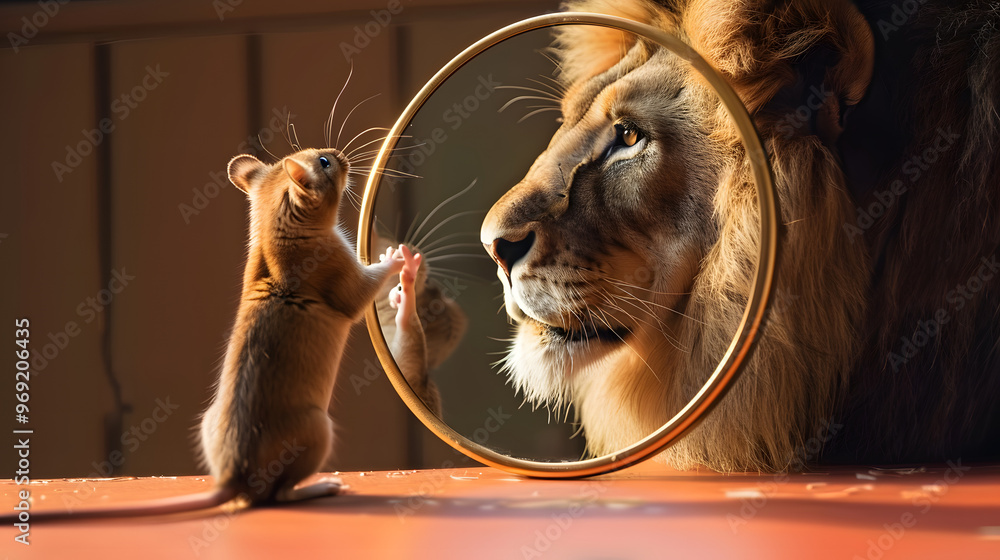 Poster mouse in front of the mirror with reflection of lion. 