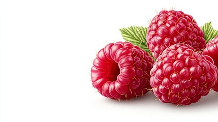 Close-up of Ripe Red Raspberries with Green Leaves