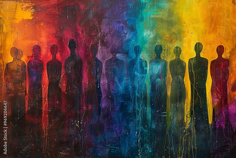 Poster an expressive abstract painting featuring a multitude of indistinct figures in a spectrum of colors.