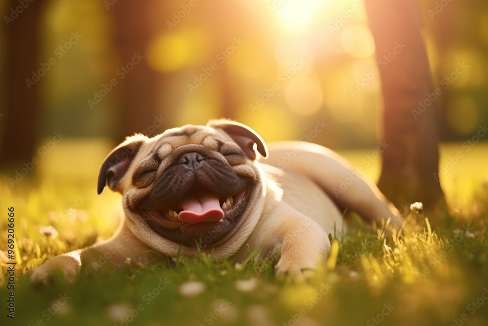 Poster happy pug dog outdoors animal mammal.