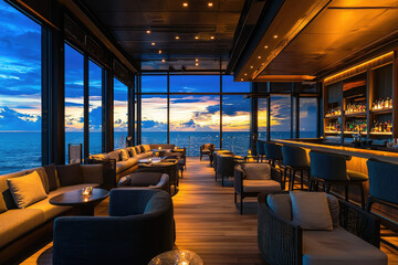 Fototapeta premium A lounge with bar and stunning ocean view at sunset creates relaxing atmosphere