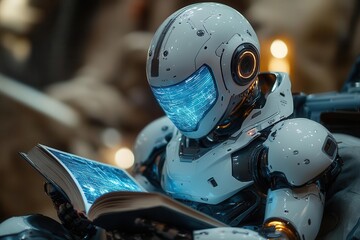 Fototapeta premium futuristic robot engrossed in reading a holographic book blue light emanating from the pages set in a sleek scifi environment with subtle tech details