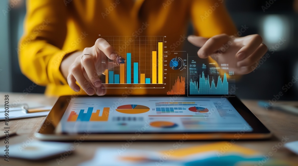 Poster businessperson analyzing data on a tablet, with hands interacting with a transparent screen displayi