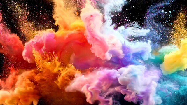 A colorful explosion of powdery dust is shown in the image. The colors are vibrant and varied, creating a sense of excitement and energy